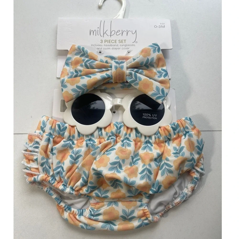 Milkberry Baby Girl 3 Piece Swim Set Diaper Cover Headband Sunglasses 0-3M
